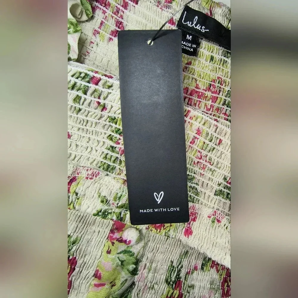 Lulus Blooming Views Beige Floral Ruffled Smock Linen/Cotton Tank Top, M, NWT - Picture 5 of 9